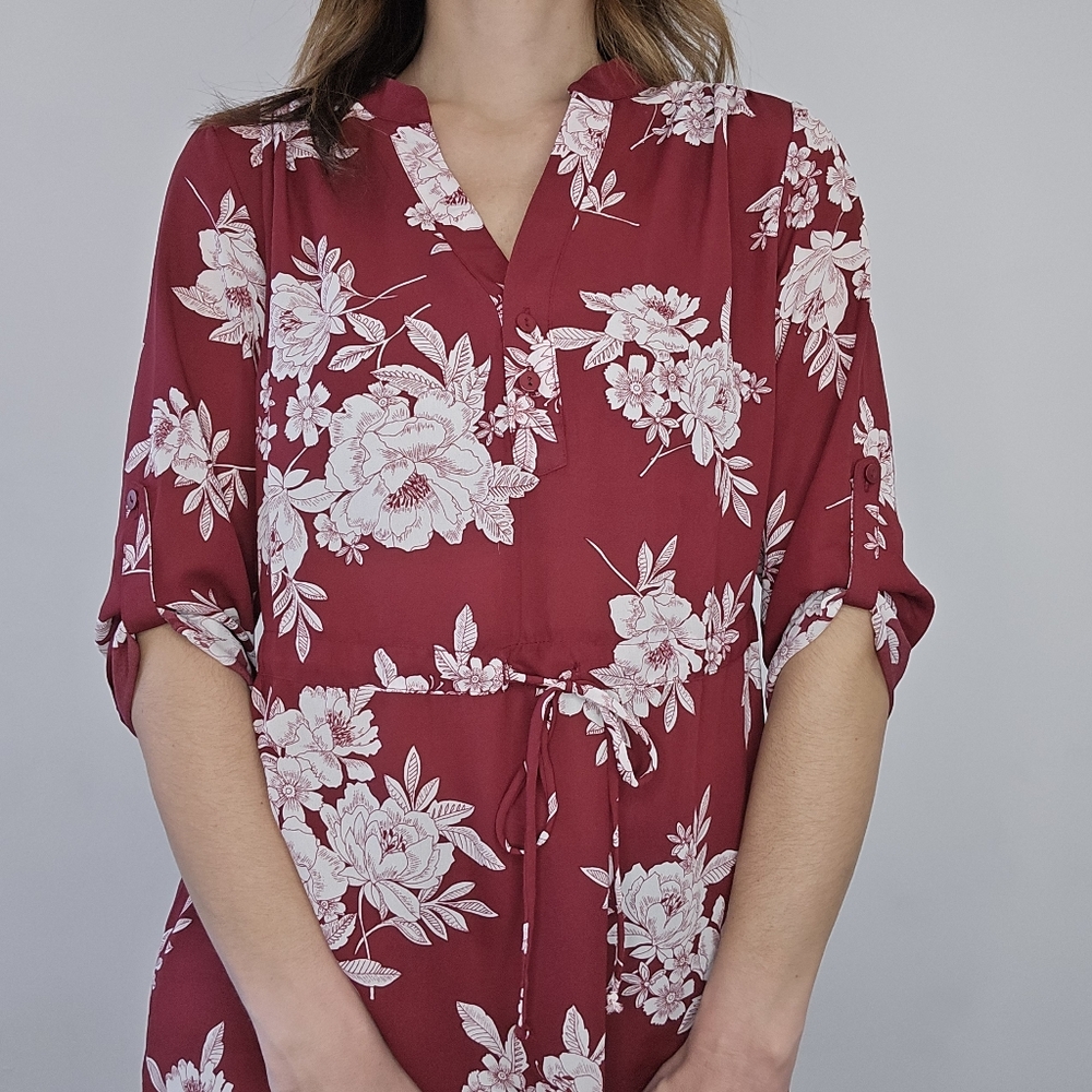 Timing Floral Burgundy Women's Long Tunic Top Size Medium - Picture 3 of 15